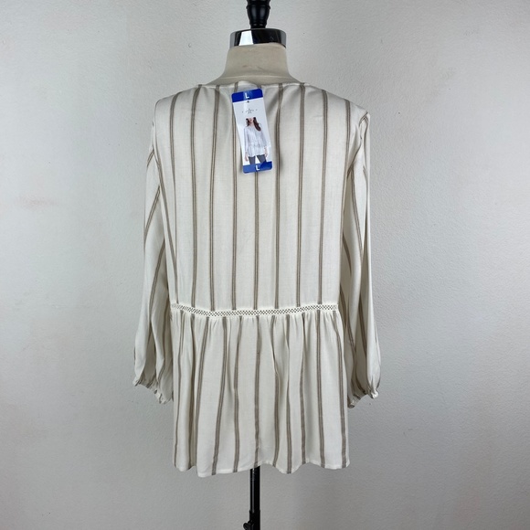 FEVER Womans Tunic Blouse Large Tan Ivory Striped Relaxed Peasant Boho Gypsy NWT - Picture 6 of 9